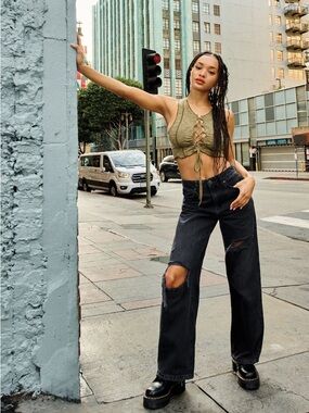 Garage Black Distressed Wide Leg Jeans